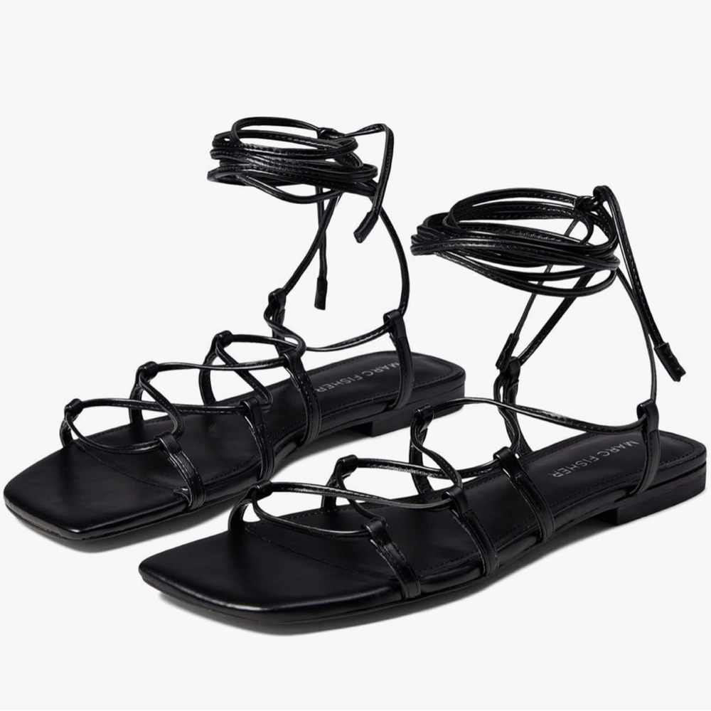 NWOT Marc Fisher Black Calyda Strappy Lace-Up Flat Sandals